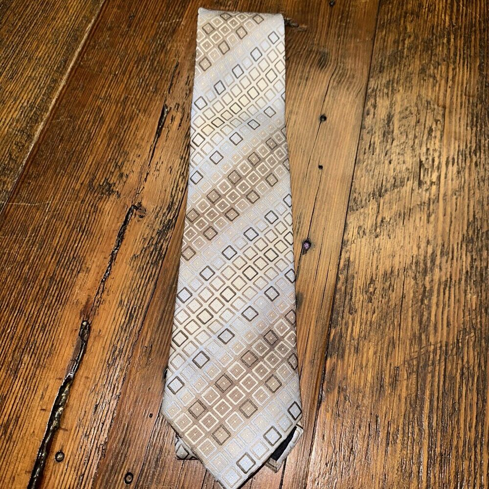 Pronto Uomo Mens Tie‎ Couture Blue Grey Tan Square Dot 57x 3 1/2” Clean/nice